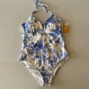 Kona Sol Tropical One Piece Swimsuit White Blue Floral Women Small 4/6 NWT